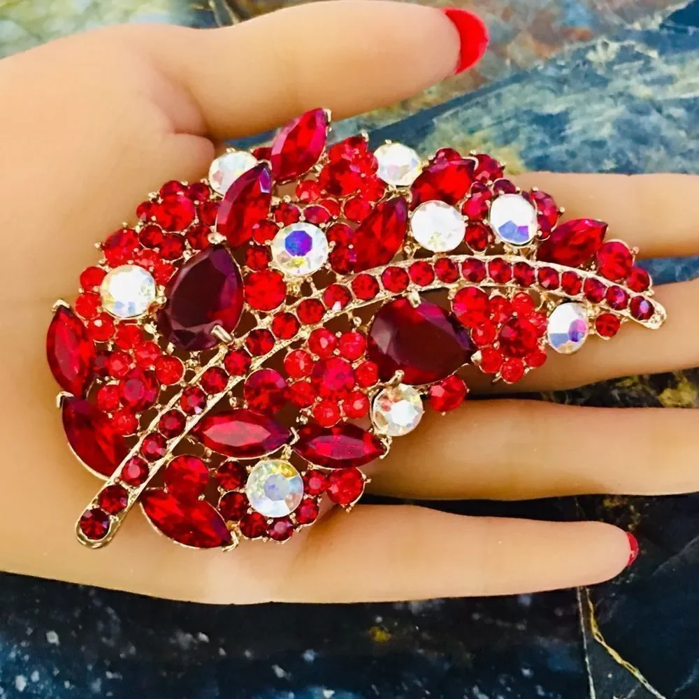 FABULOUS Aurora Borealis Red Rhinestone Cluster Leaf Brooch Huge Vintage 1101